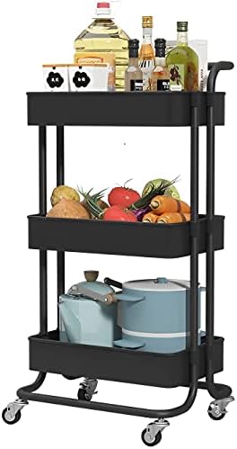 Sooyee 3 Tier Metal Utility Cart with Handle and Lockable Wheels, Black by Sooyee