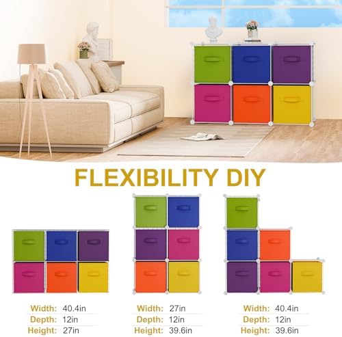 Leinuosen 6 Cube Storage Organizer with 6 Foldable Fabric Storage Bins, Metal Wire Grid Shelves, Stackable Modular Closet Organizer for Bedroom Living Room Office Toys Books(White,Colorful) - Image 6