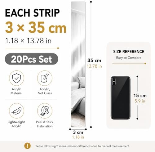 Peel and Stick Mirror Strips, Acrylic Wall Stickers, 20-Pack, Silver - Image 2