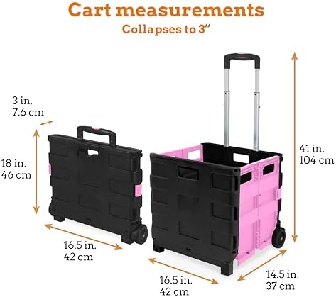 Inspired Living Ultra-Slim Rolling Collapsible Storage Pack-N-Roll Utility-carts, with Telescopic Handle, for Home, Garden, Shopping, Office, School use, Large, Pink & Black - Image 2