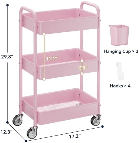 YASONIC 3 Tier Rolling Cart, Heavy Duty Metal Utility Cart with Wheel Pink - Image 6