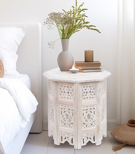 COTTON CRAFT Solid Wood End Table - Hand Carved Folding Accent Side Table - Image 2
