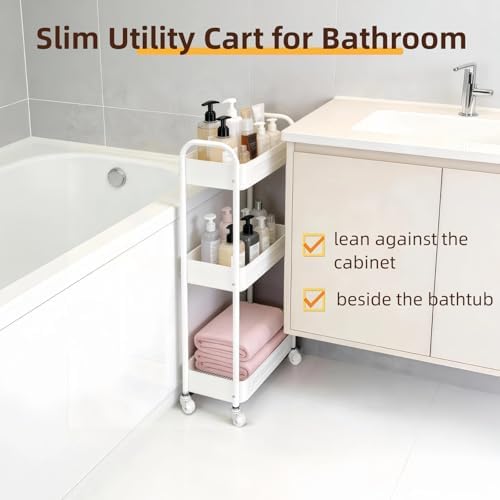 3 Tier Narrow Rolling Storage Cart for Laundry Room Bathroom Kitchen, 7.1'' Slim Utility Cart with Wheels and Lockable Casters Standing Shelf for Small Space & Between Washer and Dryer, White - Image 6