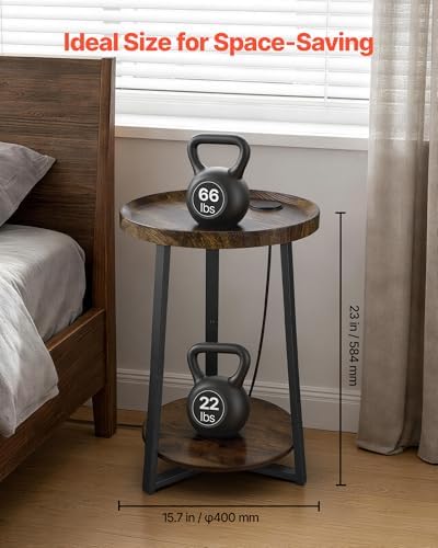 VEVOR Round Side Table with Charging Station, 15.7" Metal Round End Table with Storage Shelves, 4.9ft Power Cord, Modern Nightstand for Bedroom, Living Room, Office – Brown - Image 3