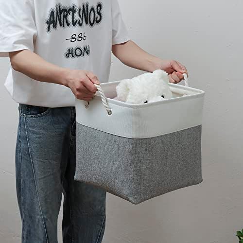 MidmmVick 13 x 13 Inch Cube Storage Bins, 4 Pack Large Collapsible Fabric Storage Bin with Ropes, Foldable Storage Cubes for Home, Office,Closet, Clothes, Toys Organizer (White & Grey) - Image 6