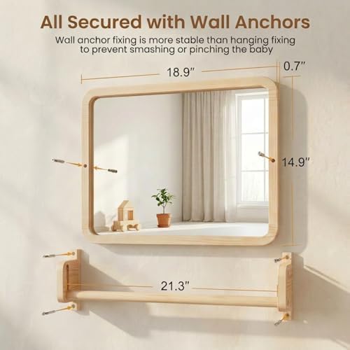 Woodtoe Montessori Mirror with Bar, Adjustable Baby Pull to Stand Toys 6M+ - Image 2