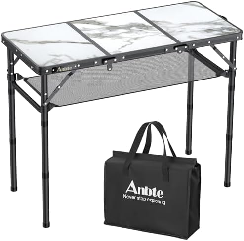 Anbte 3ft Folding Camping Table, 3 Adjustable Height Max 27.5", White by Anbte