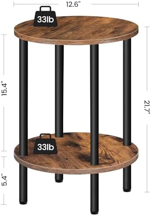 CHOEZON Side Table Set of 2, 2-Tier Round End Table, Small Nightstand with Sturdy Metal Tube, Industrial Coffee Table, for Living Room, Bedroom, Rustic Brown and Black TBZ01P2BF - Image 3