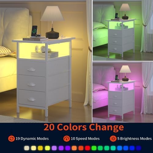 sthmec End Table with Charging Station,LED Side Tables with USB Ports and Outlets,Narrow Nightstands Bedside Tables with 3 Drawers PU Finish for Small Space,Slim Sofa Table for Livingroom,White - Image 6