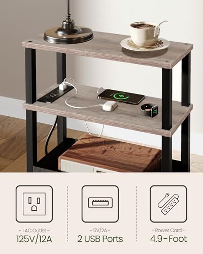 CHOEZON Small Narrow Side Table with Charging Station, Skinny End Table with Fabric Basket, Slim Nightstand for Small Spaces, Sofa Side Table, for Living Room, Bedroom, Greige and Black TBZ07UFH - Image 6