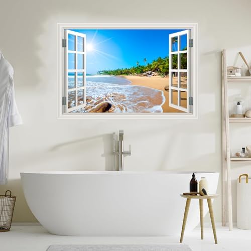 Fake Window Wall Decal- Summer Beach Seascape Coast Open Wall Art Sticker | Faux Window Tropical Ocean Natural Scenery Landscape Mural｜ Stick and Peel Wall Decals｜for Room Bedroom Office Decor｜24"x16" - Image 4