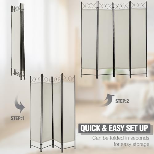 4 Panel Room Divider 6FT Steel Frame Screen Folding Privacy Divider Freestanding Partition for Home Office Bedroom (Beige) - Image 4