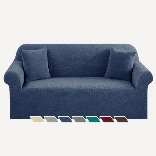 YEMYHOM Couch Cover Latest Jacquard Design High Stretch Sofa Covers for 2 Cushion Couch, Pet Dog Cat Proof Loveseat Slipcover Non Slip Elastic Furniture Protector (Medium, Begonia Leaf Navy) by YEMYHOM