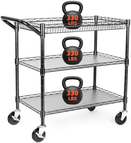BolDuck Heavy Duty Utility Cart, 990Lbs Capacity 3 Tier Rolling Carts with Wheels, Kitchen Cart on Wheels with Storage, Commercial Grade Metal Serving Carts with Wire Shelving &Handle Bar, Black by BolDuckDirect