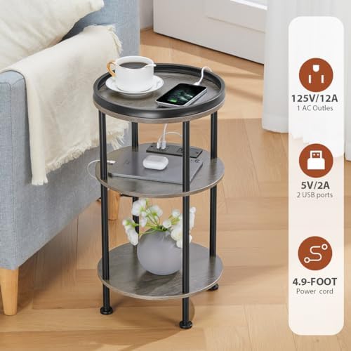 Small Round Side Table with Charging Station for Small Spaces, 3-Tier Accent Table with USB Ports & Power Outlets, Sofa Corner Tea Table for Living Room Nightstand Bedroom Apartment (Grey) - Image 4