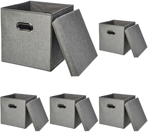 Amazon Basics Foldable Burlap Cloth Cube Storage Bins with Lid, Collapsible Organizing Containers, Stackable and Sturdy, Gray, (Pack of 10) by AmazonBasics