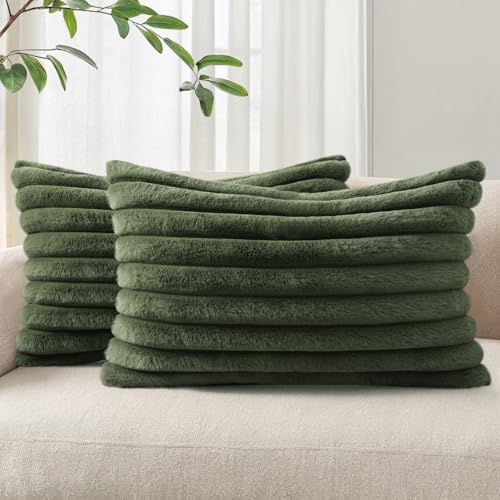 Pallene Faux Fur Decorative Throw Pillow Covers 12x20 Set of 2, Olive Green by PALLENE