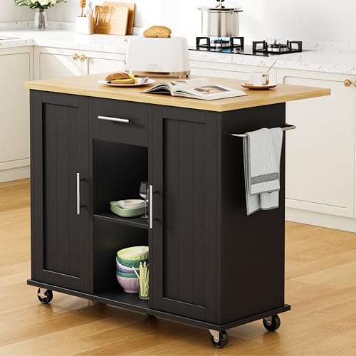 Shintenchi Kitchen Island with Storage, Bar Cart Cabinet Island Table on Wheels, Rolling Microwave Cart for Kitchen with Drop Leaf, Drawers, Towel Rack, Seating Area for Dining Room, Black by Shintenchi%7CFurnitureMadeforRealLife