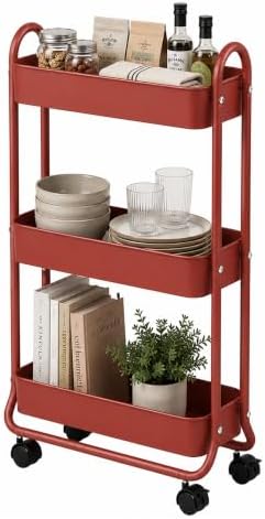 SunnyPoint Slim Rolling Storage Cart, 3 Tier Bathroom Storage Organizer Bathroom, Laundry Utility Cart (RED) by SunnyPoint