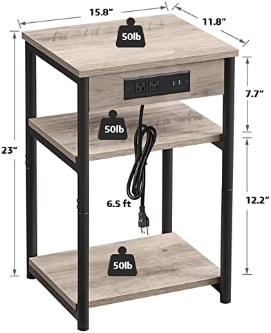 TUTOTAK End Table with Charging Station, Nightstand, 3-Tier Couch Side Table with USB Ports and Outlets, Bedside Table for Small Space, Living Room TB01BG026 - Image 2