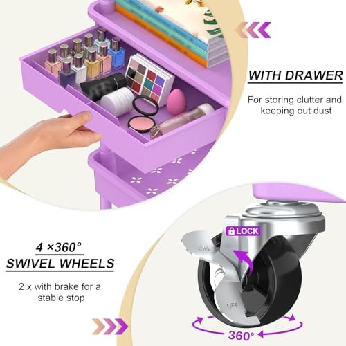 Goovilla 3 Tier Rolling Utility Cart Organizer with Removable Drawer,Purple - Image 2