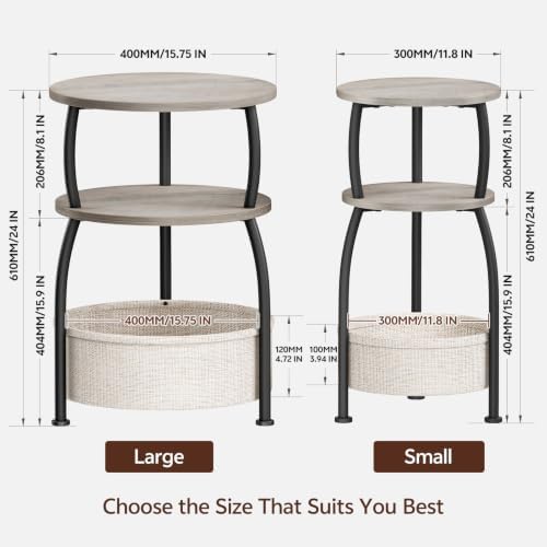Round Side Table with Storage Basket, End Table Living Room, Greige - Image 3