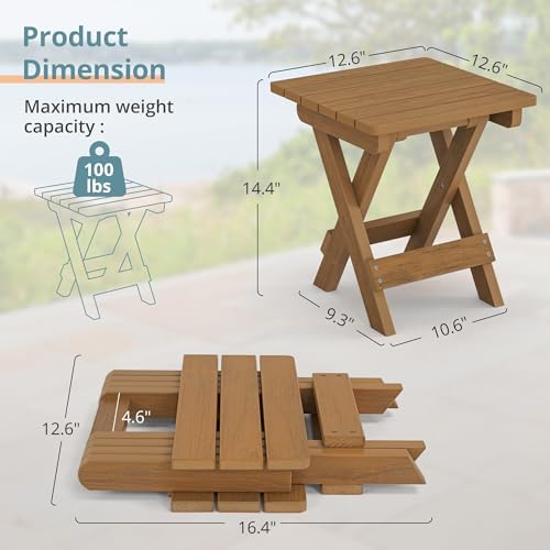 LUE BONA Small Outdoor Folding Side Table, 14 Inch, Teak Color Oil Printed - Image 3