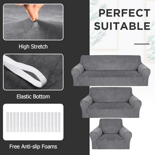 Peryiter 3 Pcs Couch and Loveseat Sofa Covers,Light Gray,Velvet - Image 4