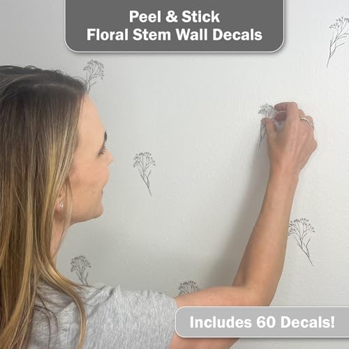 Black Floral Stem Wall Decals - 60 Peel & Stick Black Botanical Flower Stickers for Bedroom, Living Room & Nursery - Removable Minimalist Line Art Wall Decor - Image 2