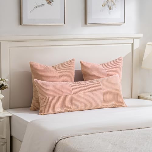 Fancy Homi 2 Packs Peach Decorative Throw Pillow Covers 18x18 Inch for Living Room Couch Bed Sofa, Rustic Boho Farmhouse Home Decor, Soft Corss Corduroy Patchwork Textured Square Cushion Case 45x45 cm - Image 5