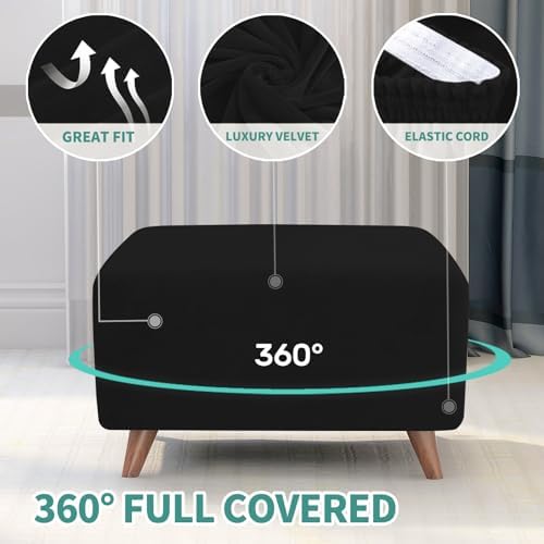 MAXIJIN Velvet Ottoman Cover Rectangular Stretch Square Ottoman Covers Slipcover Rectangle Washable Foot Stool Cover Thick Storage Protector with Elastic Bottom (Ottoman Small, Black) - Image 4