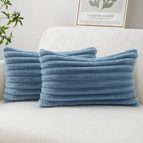 MIULEE Faux Fur Lumbar Throw Pillow Covers 12x20 Set of 2 Grey Blue by MIULEE