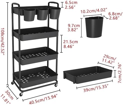 JIUYOTREE 4-Tier Plastic Rolling Storage Cart Utility Cart with Extra Hanging Cups Handles Lockable Wheels for Living Room Bathroom Kitchen Office Black - Image 2