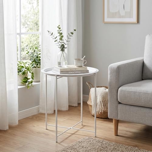 VECELO Side/End Table, Folding Round Metal Anti-Rust and Waterproof Outdoor or Indoor Tray for Living Room Bedroom Balcony and Office, 1 PCS, Beige - Image 6