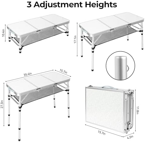 3ft Folding Camping Table with 3 Adjustable Height Max 27.3 Inch - Image 3