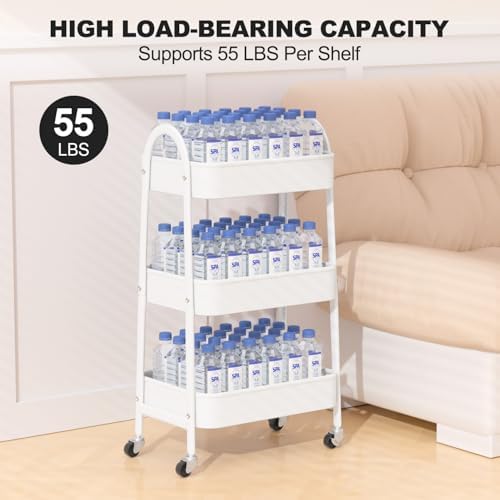 EAGMAK 3 Tier Rolling Cart Under Desk, Large Metal Storage Cart with Handle and Lockable Wheels, Big Multifunctional Storage Organizer Trolley for Kitchen, Living Room, Office, Garage (White) - Image 6