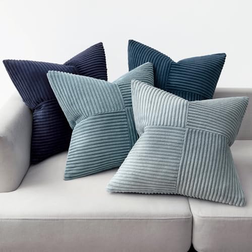 MIULEE Dusty Blue Navy Farmhouse Throw Pillow Covers 18x18 Inch Set of 4 Boho Patchwork Gradient Cushion Cases Western Modern Pillow Cases Corduroy Home Decor for Couch Sofa Living Room Bed - Image 5