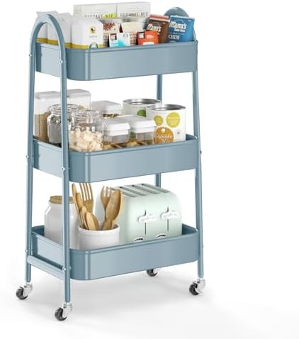 3 Tier Utility Rolling Cart, EAGMAK Metal Storage Cart with Handle and Lockable Wheels, Multifunctional Storage Organizer Trolley with Mesh Baskets for Kitchen, Living Room, Office, Garage (Blue) by EAGMAK