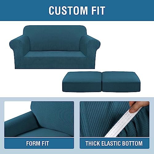 H.VERSAILTEX 3 Piece Stretch Sofa Covers for 2 Cushion Sofa Couch Covers for Living Room Sofa Slipcovers (Base Cover Plus 2 Seat Cushion Covers) Thicker Jacquard Fabric(Large Sofa, Deep Teal) - Image 4