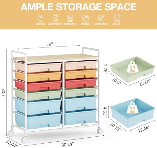 TOOLF 12 Drawers Rolling Storage Cart with Wooden Top for Classroom,Rainbow - Image 3