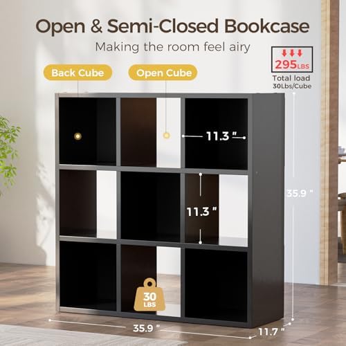 COMHOMA 9 Wood Cube Storage Organizer with Open Back and Removable Back Panels, 11In Black Cube Storage Bookshelf, Cubicle Shelf Bookcase for Home Office Bedroom Living Room, Vertical or Horizontal - Image 2