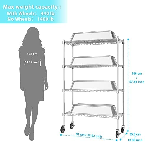 Auslar 4-Shelf Storage Shelves with Casters Heavy Duty 4 Tiers Rolling Cart Utility Racks Adjustable Wire Metal Shelving, Chrome - Image 4