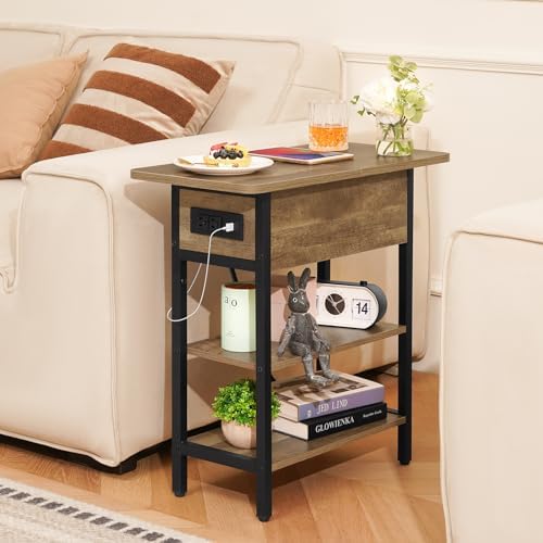 Yoobure End Table with Charging Station, Flip Top Side Table with USB Ports and Outlets, Sofa Couch Table Bedside Table for Living Room Bedroom, Narrow Nightstand with Storage Shelves for Small Space - Image 2