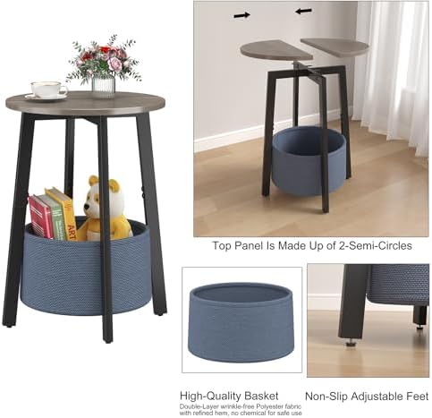 sthmec Small Round Side End Table Set of 2 with Cloth Storage Basket, Round Bedside Sofa Couch Coffee Tables for Small Places with Metal Frame, Modern Nighstands for Living Room Bedroom,Grey - Image 7