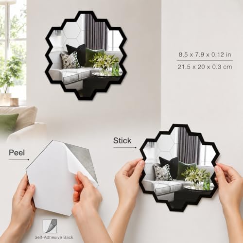 1pcs Hexagon Mirror Wall Decor, Self Adhesive Mirror Sticker, 8.5 x 7.9 Inch Decorative Wall Mirror Tile for Bedroom Living Room Bathroom Entryway Modern Bohemian Home Accent - Image 2