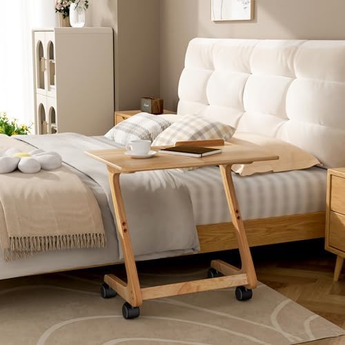 FLYJOE TV Tray Table, TV Dining Table with Casters for Small Spaces, Solid Wood End Table, Sofa Couch Side Table Removable Snack Tray for Coffee Bed Sofa Eating Writing Reading Living Room Bedroom - Image 2