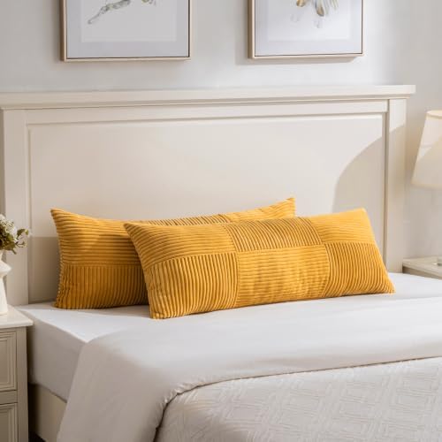 Fancy Homi Set of 2 Gold Yellow Boho Long Lumbar Body Decorative Throw Pillow Cover 14x36 Inch for Bed Couch Bedroom Bench, Soft Patchwork Corduroy Textured Pillow Case, Rustic Farmhouse Room Décor by Fancy+Homi