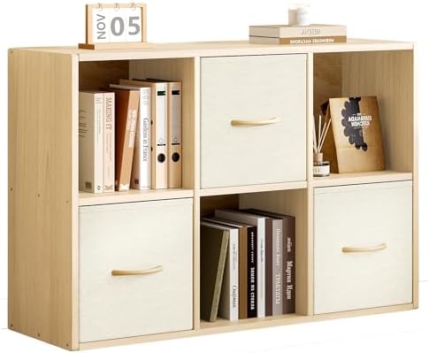 EXPERLAM 6 Cube Storage Organizer - Solid Wood Bookshelf with 3 Storage Bins, Cube Shelf with 2 Removable Back Panels, Vertical or Horizontal Bookcase, Open Book Shelf for Bedroom, Living Room, Office by EXPERLAM