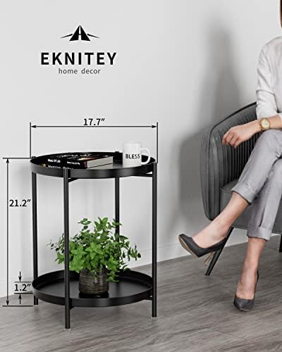 EKNITEY 2 Tier End Table - Metal Side Table with Removable Tray (Black) - Image 3