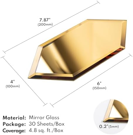 Lovdeco Peel and Stick Beveled Mirror Tile, Mirror Backsplash for Kitchen Bathroom Wall, 4x7.87 Inches Hexagon, Gold (30 Pcs, 4.8 SQ.FT.) - Image 2